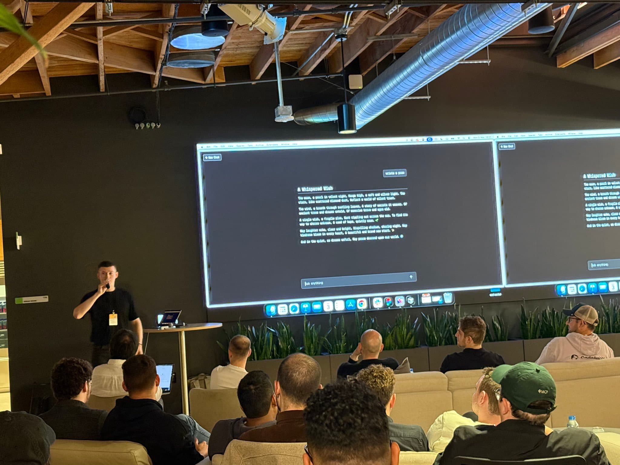 Josh teaching in front of a side-by-side code screen